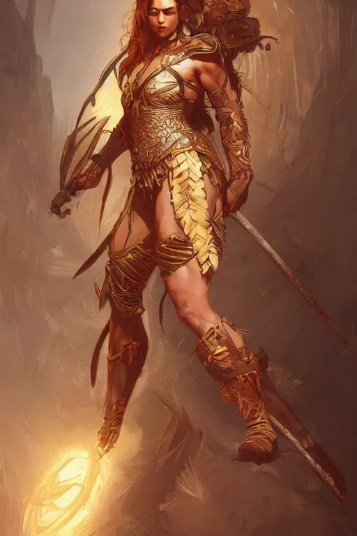 Prompt: a full body amazon warrior, D&D, fantasy, intricate, highly detailed, digital painting, artstation, concept art, smooth, sharp focus, illustration, art by artgerm and greg rutkowski and alphonse mucha