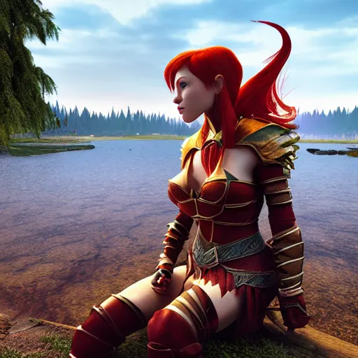 Prompt: beautiful female redhead elf warrior wearing armor, sitting next to a beautiful lake at sunset, enjoying the wind, looking at the water. 8k ultra realistic, award winning, unreal engine 5, masterpiece, atmosphere glow, hyperrealistic, focused, extreme details, cinematic