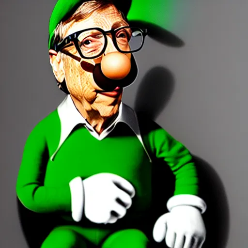 Image similar to uhd candid photo of hyperdetailed bill gates dressed as luigi. correct face, cinematic lighting, photo by annie leibowitz, and steve mccurry.