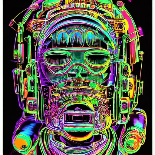 Prompt: a black tshirt with a hyperdetailed portrait of a cyberpunk robot by robert crumb, 8 k, symetrical, flourescent colors, happy trippy mood, multicolored,