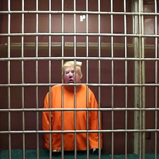 Prompt: fat and bald donald trump wearing orange jumpsuit behind bars in prison