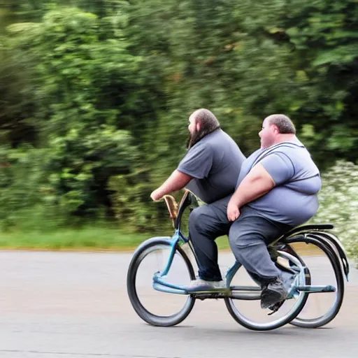 Prompt: a very fat man riding a small bicycle