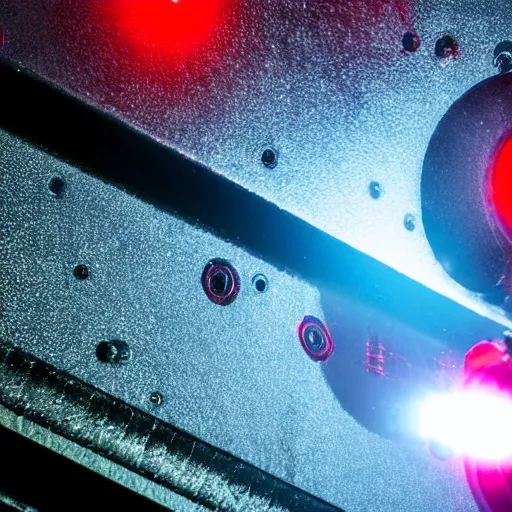 Prompt: a close up of a machine with a red light, a microscopic photo by niels lergaard, shutterstock contest winner, holography, quantum wavetracing, anamorphic lens flare, ray tracing