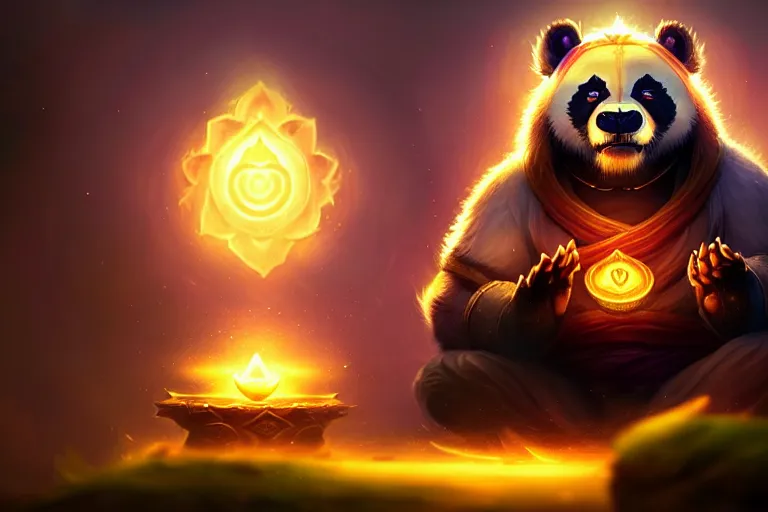 Image similar to [ important ] amazing portrait of a pandaren meditating [ / important ], hearthstone splash art, deiv calviz, splash art, natural light, elegant, intricate, fantasy, atmospheric lighting, by greg rutkowski, hearthstone splash art, hd wallpaper, ultra high details, cinematic composition