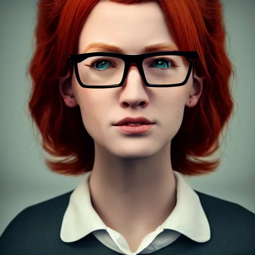 Prompt: dramatic portrait of a short beautiful ginger woman with glasses, realism, 4k, illustration, dynamic lighting, detailed textures, octane render, artstation