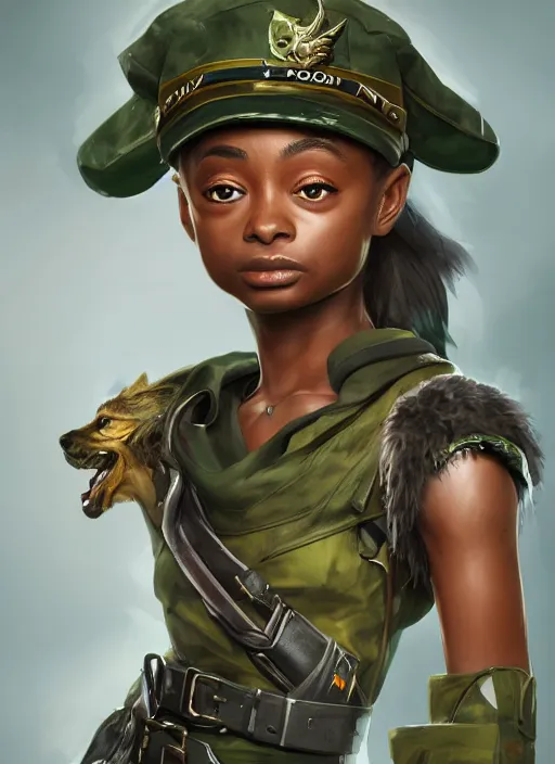 Image similar to a highly detailed illustration of skai jackson wearing tattered military uniform and green officer cap with giant wolf next to her, dramatic standing pose, intricate, elegant, highly detailed, centered, digital painting, artstation, concept art, smooth, sharp focus, league of legends concept art, wlop