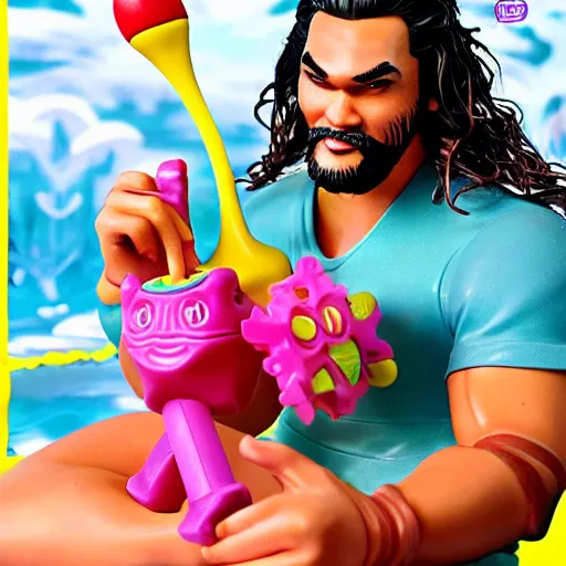 Image similar to Manga cover portrait of an extremely cute and adorable beautiful Jason Momoa playing with Fisher-Price toys, 3d render diorama by Hayao Miyazaki, official Studio Ghibli still, color graflex macro photograph, Pixiv, DAZ Studio 3D