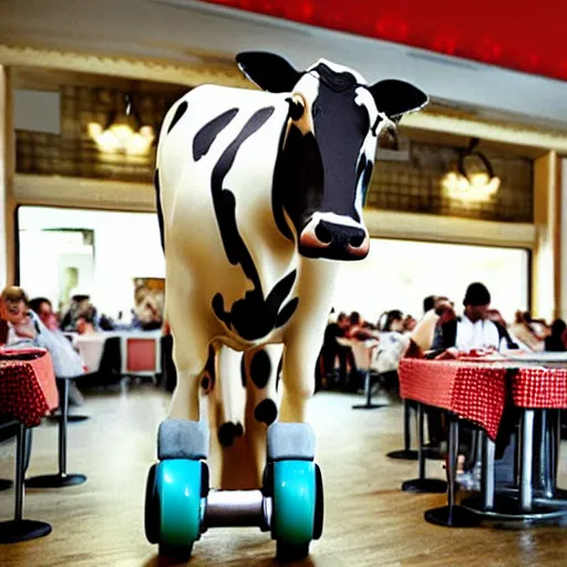 Image similar to simple cow on roller skates in diner