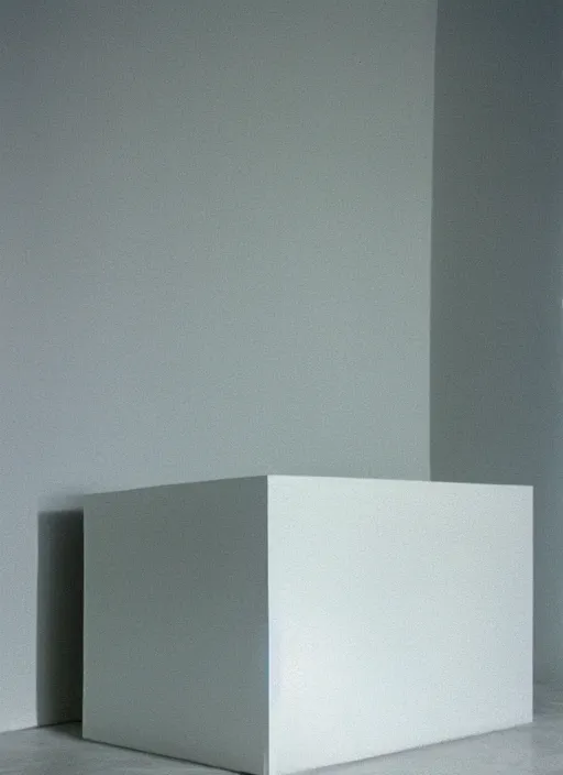 Prompt: a photograph of a glowing white cube inside of a minimalist concrete room, 3 5 mm, color film camera, pentax