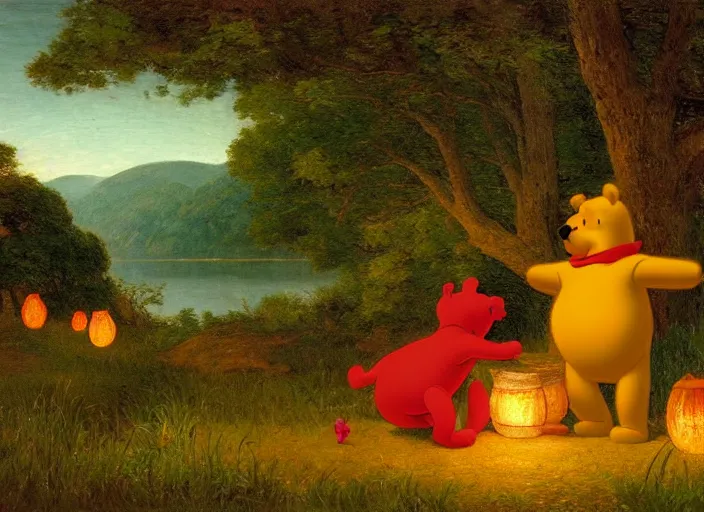 Image similar to american realist romanticism landscape painting of winnie the pooh characters at night, night time, colorful paper lanterns, in the style of hudson river school and thomas cole and albert bierstadt and robert duncanson and vincent van gogh
