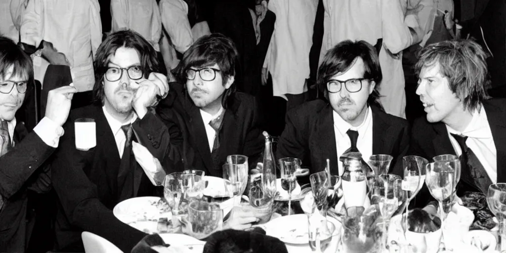 Prompt: “ david foster wallace and thomas pynchon at a dinner party hosted by haruki murakami, all are dressed in suits ”