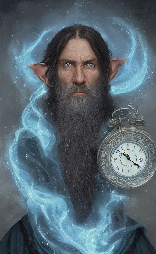 Image similar to portrait of a middle aged elf with a long beard, dressed in a blue cloak, brown grey hair, raised hand, clock iconography, detailed face, fantasy, highly detailed, cinematic lighting, digital art painting by greg rutkowski