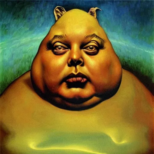 Image similar to Fat chungus Elon musk recognizes its soul in the mirror - contest-winning artwork by Salvador Dali, Beksiński, Van Gogh, Giger, and Monet. Stunning lighting