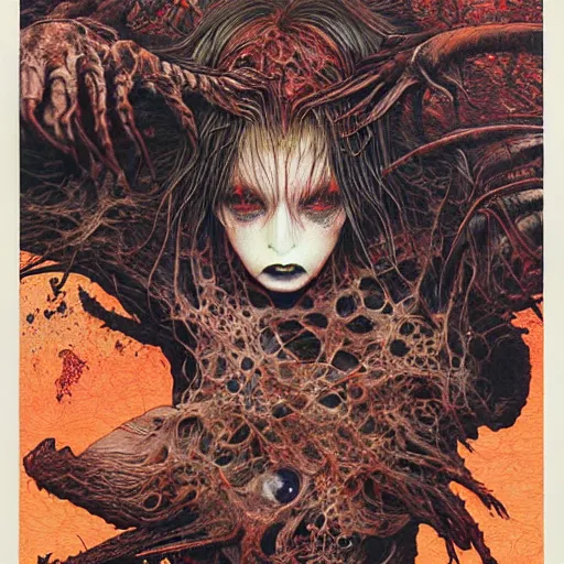 Image similar to hyper realistic portrait of, ‘ the carnivorous alien ’. an award winning yoshitaka amano digital art poster, by james gurney and gerhard richter. art by takato yamamoto. masterpiece, rich colours.