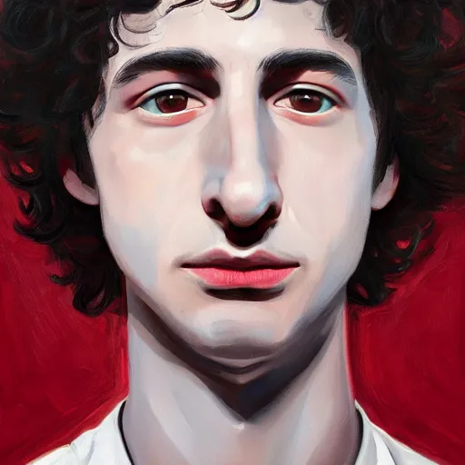 Prompt: a portrait of finn wolfhard as a drone, red, oil painting, pale colors, high detail, 8 k, wide angle, trending on artstation,