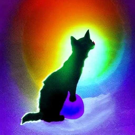 Image similar to of a very proud fluffy rainbow kitten howling at moon with a glowing rainbow aura