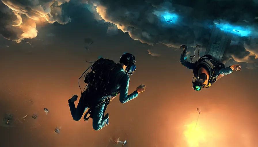 Prompt: man skydiving in dark cyberpunk city with clouds, digital art, volumetric lighting, dystopia, artstation, concept art, painting