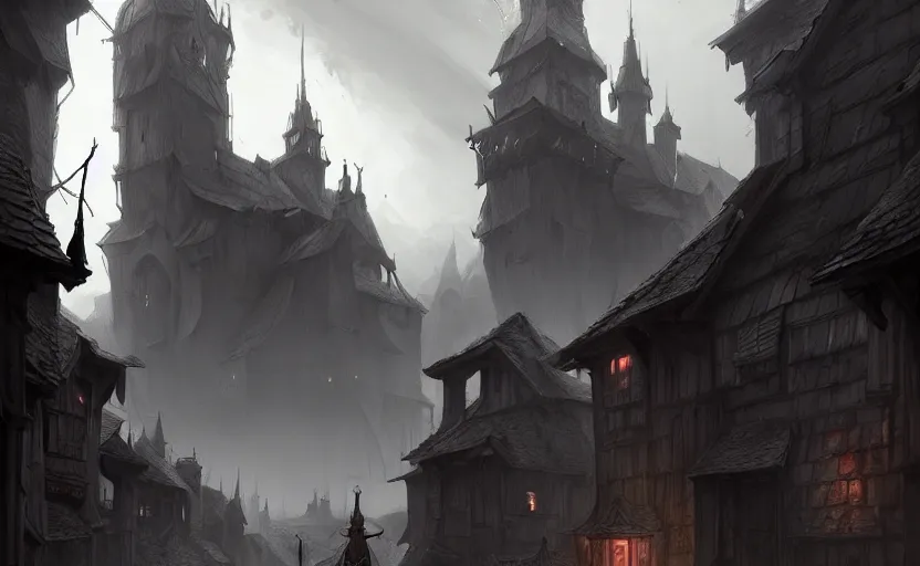 Prompt: epic concept art depicted an old medieval mystic town. art by jakub rebelka & tyler edlin & tomek setowski. dramatic mood, overcast mood, dark fantasy environment. trending on artstation, unreal engine, hyperreal movie shot