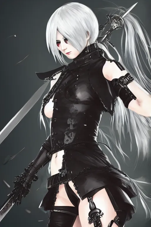 Image similar to nier automata warrior with swords, goth ninja, pretty face, ultra detailed, digital art, 8k ,character ,realistic, portrait, hyperrealistic