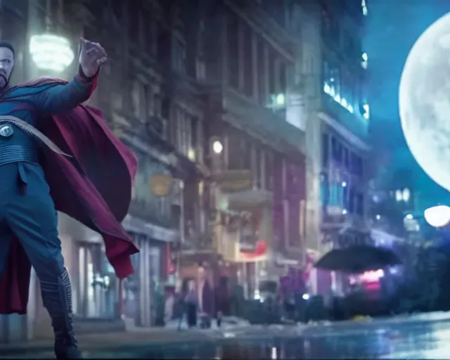 Image similar to still of moon knight vs dr. strange, in the movie avengers, photorealistic, real life, hdr soft focus, long exposure