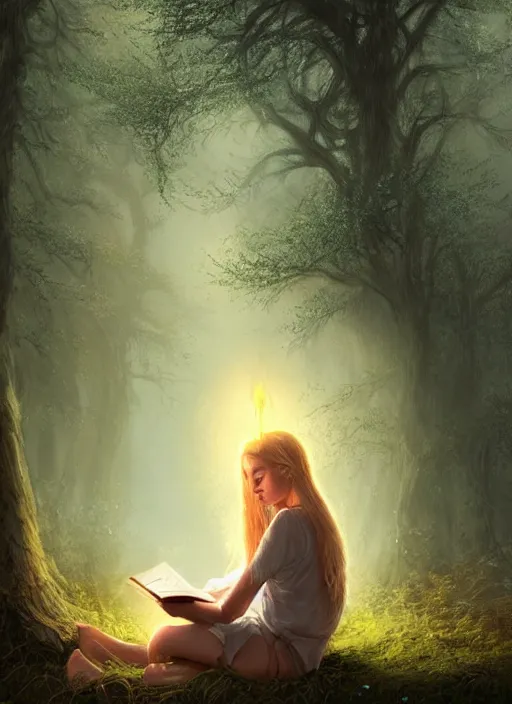 Image similar to portrait, gorgeous blond girl sits cross-legged in mystical misty forest, reading under a tree, fireflies and fairies illuminate the pages, dramatic lighting, cinematic, establishing shot, extremly high detail, foto realistic, cinematic lighting, post processed, concept art, artstation, matte painting, style by eddie mendoza, raphael lacoste, alex ross