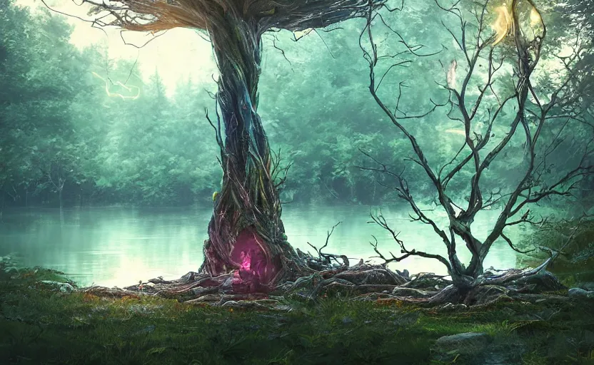 Image similar to twisted root magical tree in the middle of a lake with natural throne, anime inspired, hyper realistic, dramatic lighting, glowing leaves, 8k hdr pixiv dslr photo by Makoto Shinkai ilya kuvshinov and Wojtek Fus, digital art, concept art,
