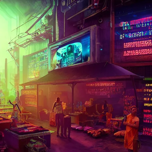 Image similar to cyberpunk black indian market, indoor in the style of blade runner, low neon lights and dim displays, crowded with cyborgs photorealistic, artistic photography, grainy ruined film, dark color scheme, ray tracing, unreal engine, 4 k