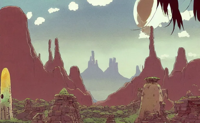 Image similar to a cell - shaded studio ghibli concept art from paprika ( 2 0 0 6 ) of a spaceship from close encounters of the third kind ( 1 9 7 7 ) sitting on top of a lush temple that looks like monument valley stonehenge jungle. a caravan is in the foreground. very dull colors, portal, hd, 4 k, hq