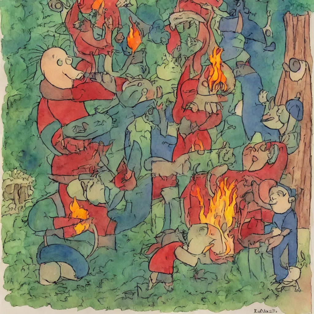 Image similar to babar discovers fire outsider art children's illustration watercolor painting