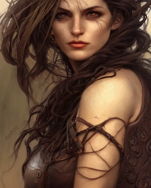 Prompt: fantasy art, unsplash, deviantart, close up portrait of a ruggedly female witch, soft hair, half body, leather, d & d, fantasy, intricate, elegant, highly detailed, digital painting, artstation, concept art, smooth, sharp focus, illustration, art by artgerm and greg rutkowski and alphonse mucha