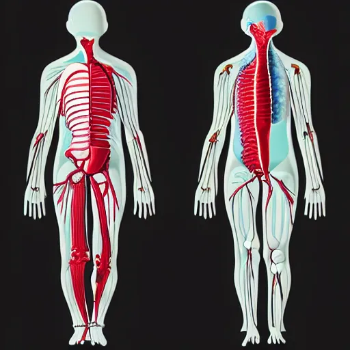 Image similar to Minimalist interpretation of a dissected human, organs in exploded view, realistic anatomy, textbook