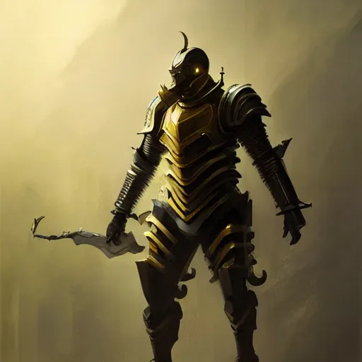 Image similar to anthropomorphic cyberwarrior stands tall wearing black and gold plate armor, oil painting, Tooth Wu, Greg Rutkowski, RPG, dynamic lighting, fantasy art, High contrast, depth of field, landscape, scenery