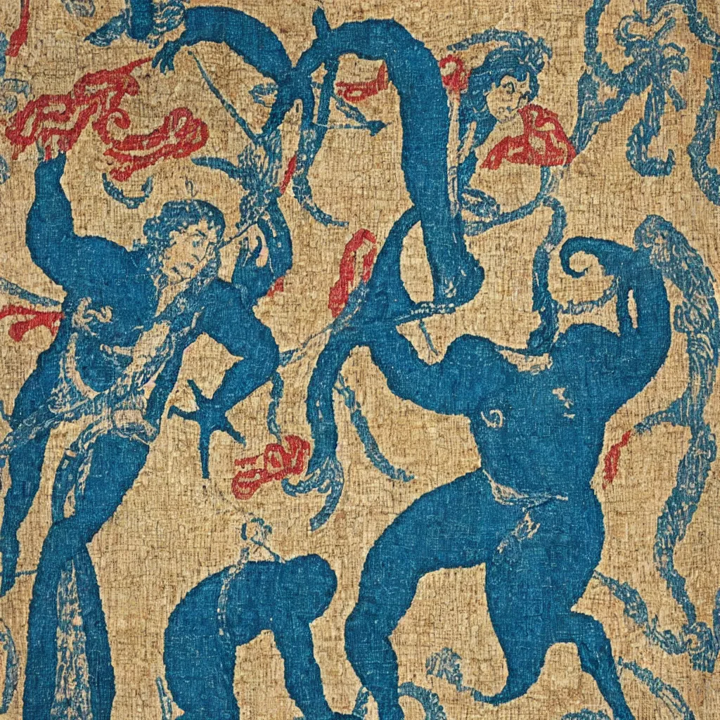 Prompt: Blue merman as a medieval tapestry