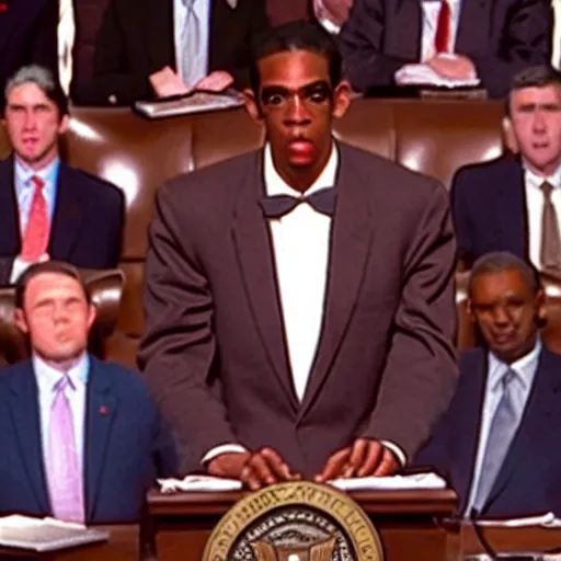 Prompt: Jar Jar Jar Binks giving the State of the Union Address, high quality press photograph