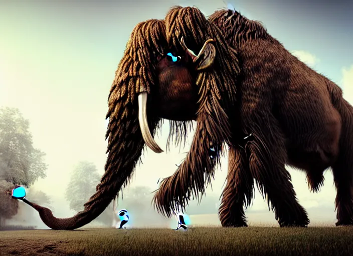 Image similar to hyperrealism, detailed textures, photorealistic, 3 d render, a surreal mystical wooly mammoth grazing, ultra realistic cinematic, intricate, cinematic light, concept art, illustration, art station, unreal engine