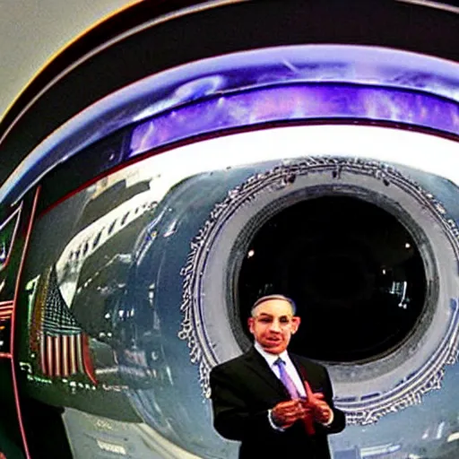 Image similar to fish eye lens photo of benjamin netanyahu looking at the camera curiously