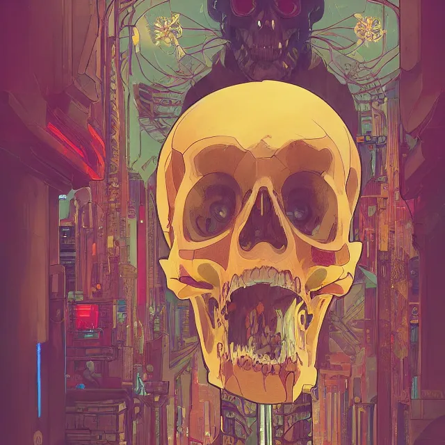Image similar to a beautiful painting of a ( ( cyberpunk ) ) skull by simon stalenhag and pascal blanche and alphonse mucha! and nekro!. in style of digital art. colorful comic, film noirs!, symmetry, hyper detailed. octane render. trending on artstation
