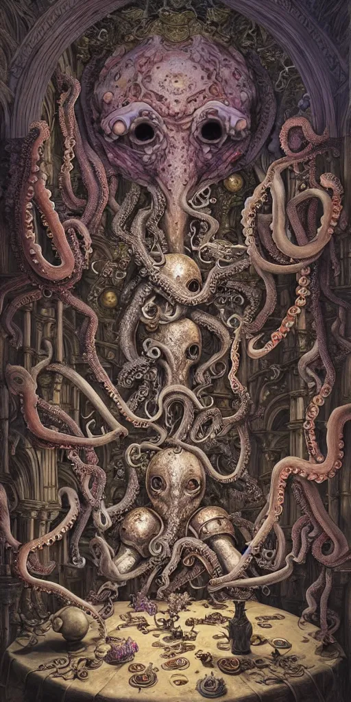 Image similar to mages with human bodies and magical armour with octopus heads sitting near the table in an ancient mage castle with enormous scale, gothic and baroque, brutalist architecture, ultradetailed, Intricate by James Jean and Josan Gonzalez and John Howe and Giuseppe Arcimboldo