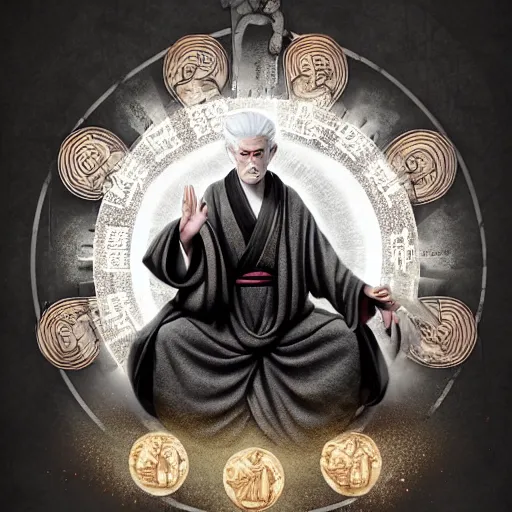 Prompt: an greg rutkowski illustration of the white haired fuxi god chinese mythology, sit in front of the eight diagrams, wearing a grey robe, from china, full body portrait, solemn gesture, the mythological style background behind is the tai chi diagram, unreal engines, wings, god style, light effect, ultra - high details, 4 k hd