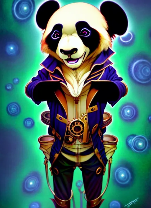 Image similar to don bluth, loish, artgerm, joshua middleton, steampunk, clockpunk anthropomorphic panda, full sailor suit, symmetrical eyes symmetrical face, colorful animation forest background