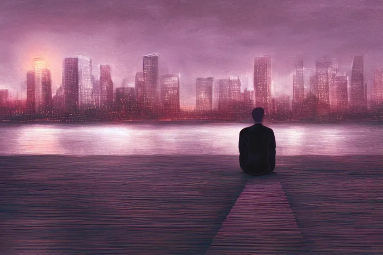 Prompt: A man sitting on a jetty, city in the background, cinematic lighting, Digital Painting