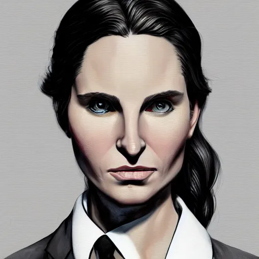 Prompt: A masterpiece portrait of a Female version of Christian Bale Patric Bateman from American Psycho. In good office suit. medium shot, intricate, elegant, highly detailed. trending on artstation, digital art, by Stanley Artgerm Lau, WLOP, Rossdraws, James Jean, Andrei Riabovitchev, Marc Simonetti, Yoshitaka Amano