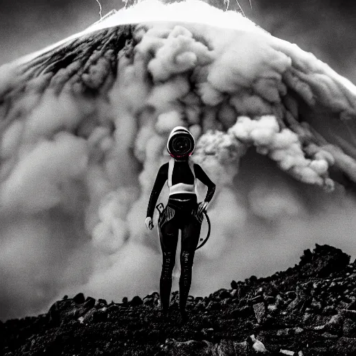 Prompt: A high armored white woman with a one red light eye gasmask standing in front of an erupting volcano, professional photography, black and white, cinematic, eerie