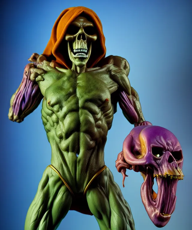 Image similar to hyperrealistic rendering, skeletor, by art of skinner and richard corben and jeff easley, product photography, action figure, sofubi, studio lighting, colored gels