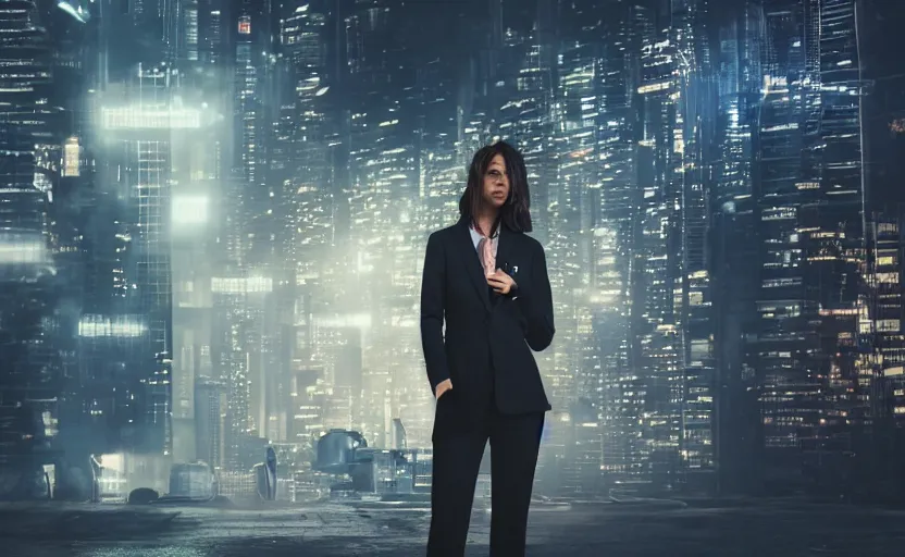 Image similar to a wide shot of a woman with a wool suit, blurred face, wearing an omega speedmaster on her wrist in front of a crowded dystopian city at night with cyberpunk lights