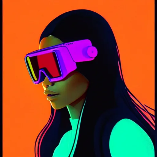 Image similar to zendaya wearing opaque reflective goggles profile picture by Greg Rutkowski, brown skin, very long hair, dune, asymmetrical, futuristic, neon volumetric lights, cool colors, streetwear, studio ghibli, Organic Painting , Matte Painting, geometric shapes, hard edges, street art, trending on the artstation, fantasy LUT, realistic by Sachin Teng + Martin Grip + Moebius, techwear, Industrial Scifi, detailed illustration, character portrait,