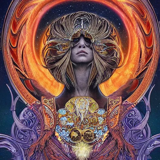 Image similar to portrait of Phoenix made with burning feather by Jeff Easley and Peter Elson + beautiful eyes, beautiful face + symmetry face + border and embellishments inspiried by alphonse mucha, fractals in the background, galaxy + baroque, gothic, surreal + highly detailed, intricate complexity, epic composition, magical atmosphere + masterpiece, award winning + trending on artstation