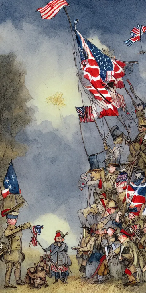 Image similar to a 1 7 7 6 4 th of july day scene with american and british soldiers by alexander jansson, joel fletcher, owen klatte, angie glocka, justin kohn, maurice sendak. 4 th of july day color palette.