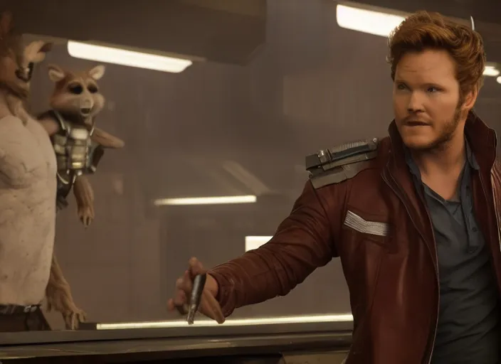 Image similar to film still of Star Lord working at McDonald's in the new Guardians of the Galaxy movie, 4k