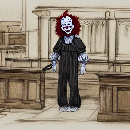 Prompt: pennywise at the witness stand in court. full body. court sketch. intricate. 8 k. highly professionally detailed. hdr. cgsociety